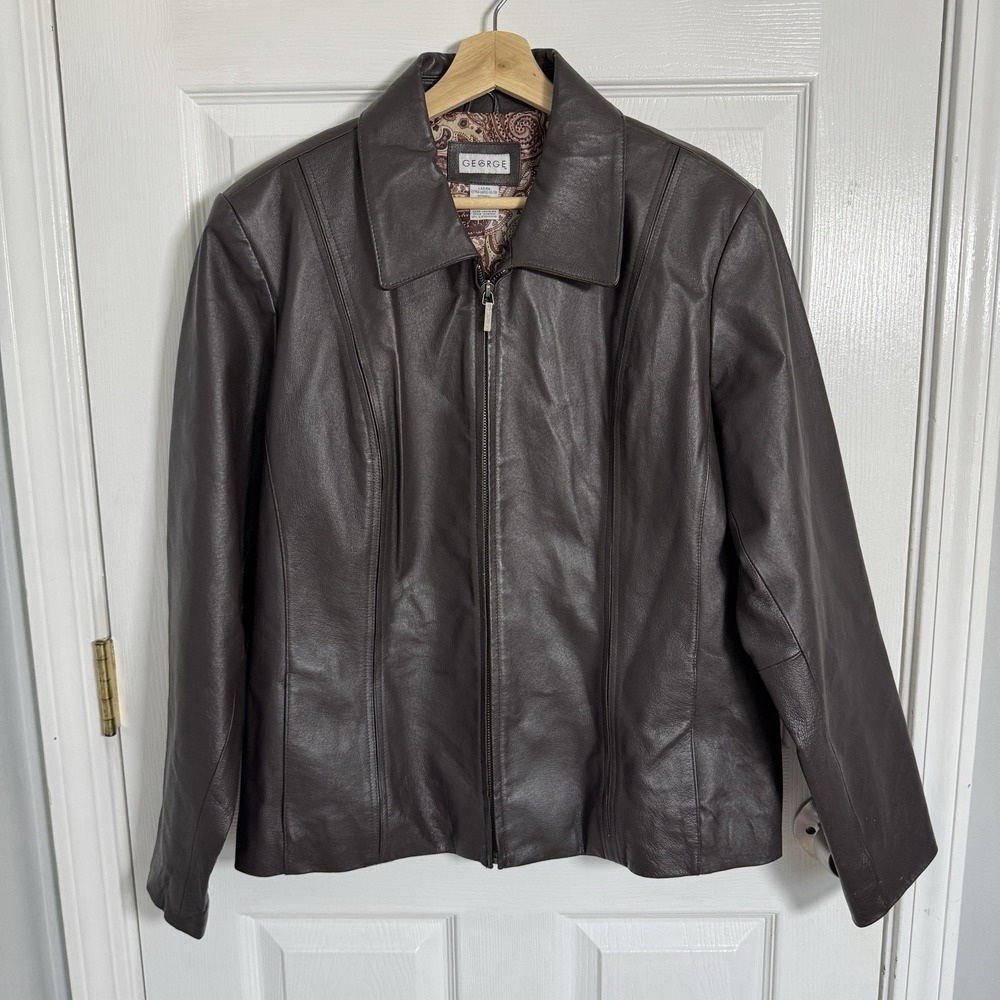 George Women L Genuine Leather Jacket Dark Brown Full Zip Paisley Lined